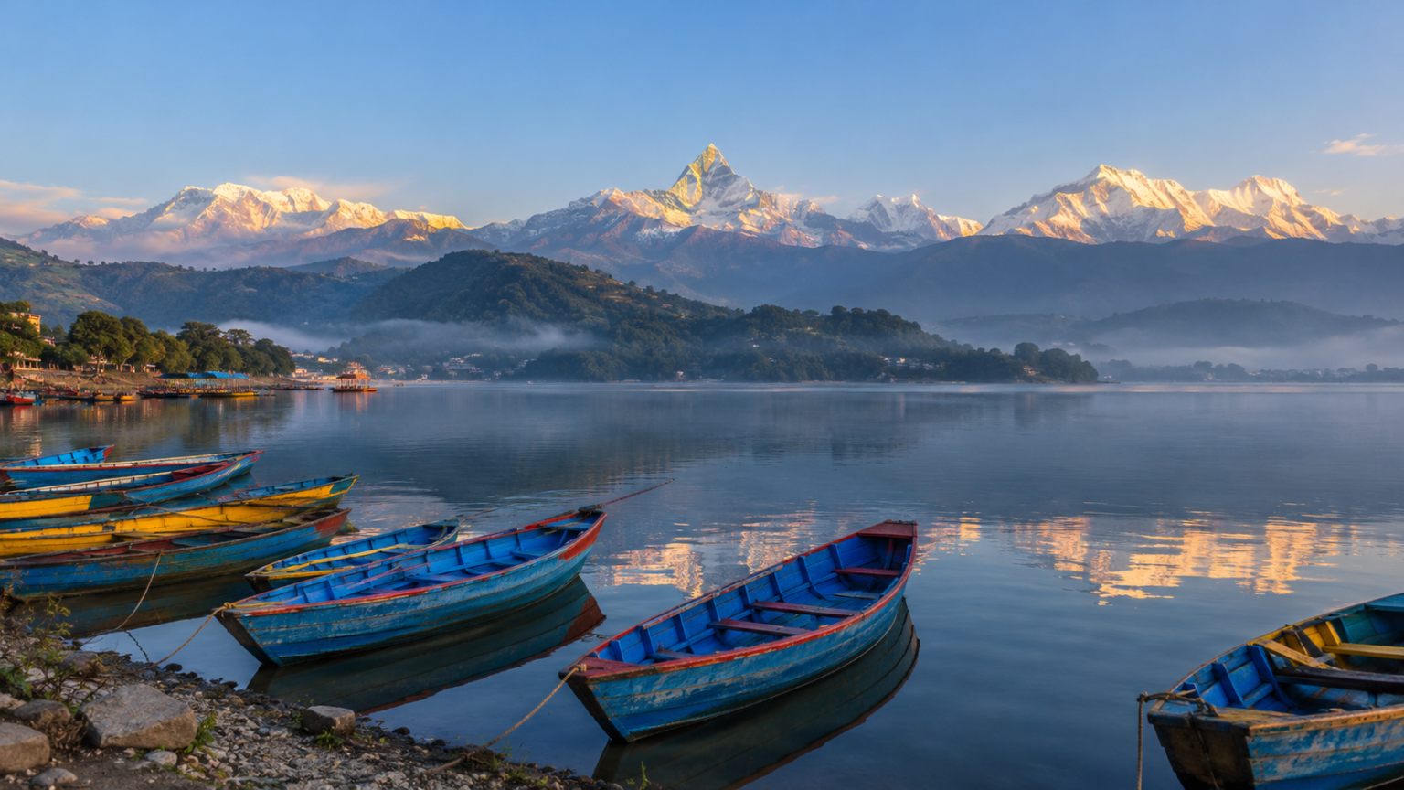 Colorful wooden rowing boats floating along calm Phewa Lake in Pokhara reflecting snow peaks of Machhapuchhre at sunrise.