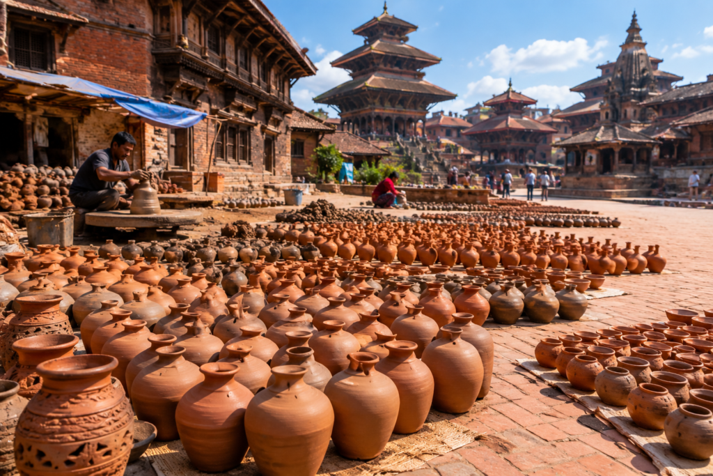 Hundreds of terracotta clay pots drying in rows under the open sun on a brick square in Bhaktapur