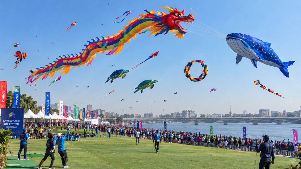 International master kite flyers demonstrating giant colorful inflatable kites above Sabarmati Riverfront lawns.