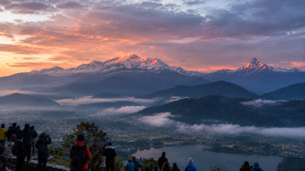 Golden sunrise sunlight illuminating the snowy peaks of Annapurna and Dhaulagiri seen from Sarangkot ridge in Pokhara.