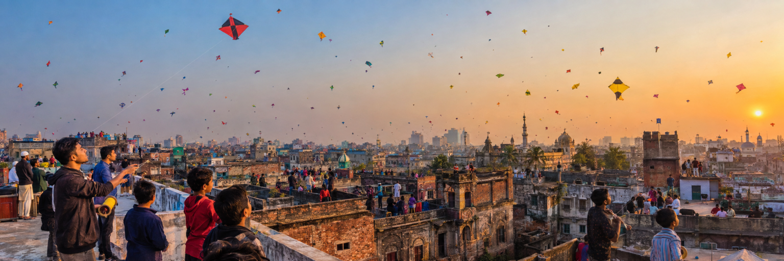 Hundreds of colorful kites flying over Old Dhaka rooftops during Shakrain festival in Bangladesh.