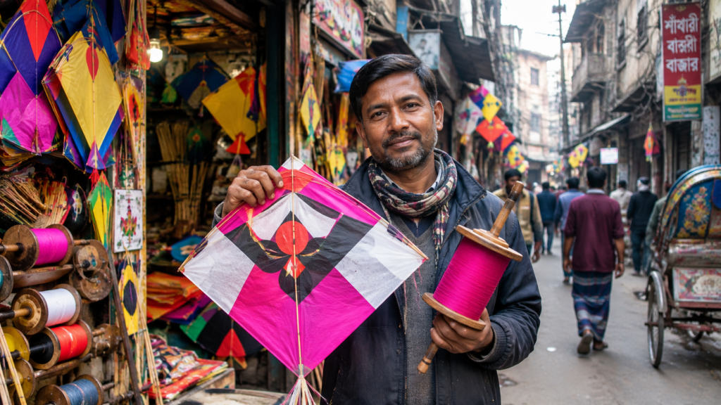 Colorful handmade paper kites and wooden thread spools displayed in a narrow Old Dhaka alley shop.
