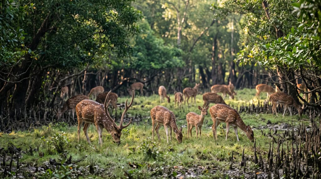 Spotted chital deer grazing in a forest clearing near the Kotka watchtower in the Sundarbans.