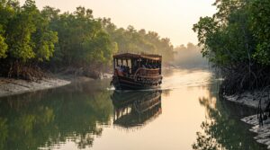 Wooden safari boat cruising through a misty tidal river canal in the Sundarbans mangrove forest of Bangladesh.