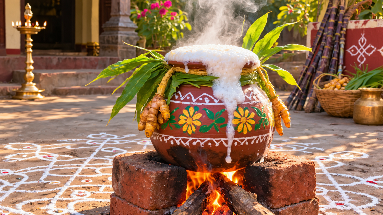 Sweet harvest rice and milk boiling over an ornate clay pot during Surya Pongal rituals in Tamil Nadu.