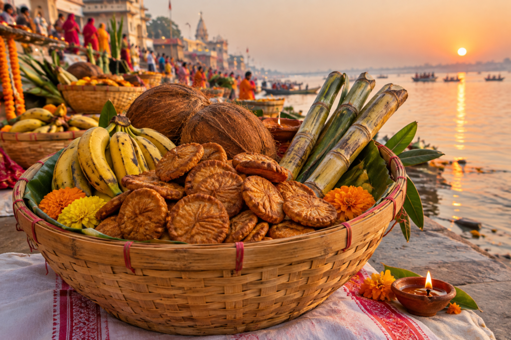 Woven bamboo basket filled with homemade thekua sweets coconuts bananas and sugarcane stalks