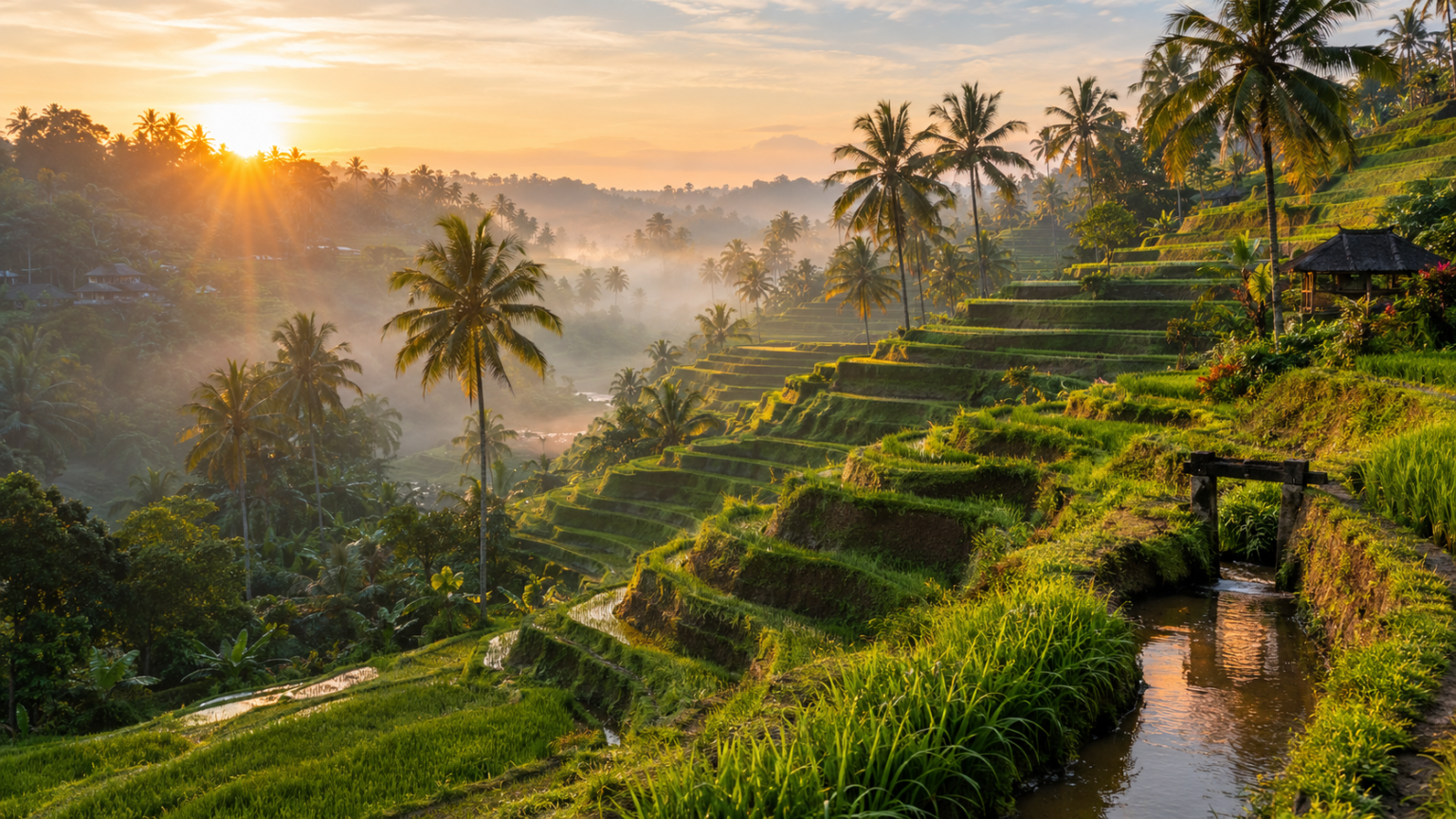 Golden morning sunlight illuminates the stepped green Tegallalang rice terraces surrounded by palm trees in Ubud Bali.