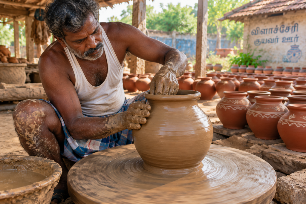 Skilled potter spinning a traditional earthenware cooking pot on a wheel in Vilachery pottery village Madurai.