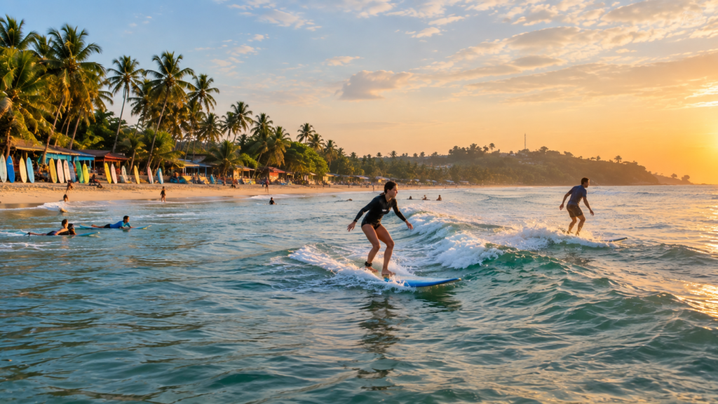 Surfers catching gentle rolling waves along the sandy shore of Weligama Bay in Sri Lanka.